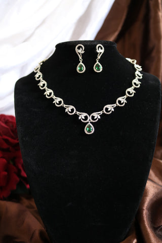 Shramya Green Silver CZ Necklace | American Diamond Necklace Set