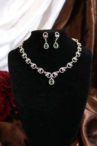 Shramya Green Silver CZ Necklace | American Diamond Necklace Set