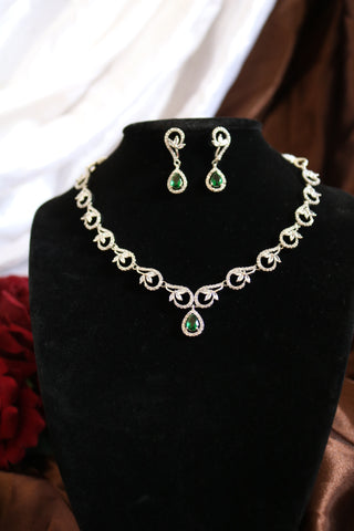 Shramya Green Silver CZ Necklace | American Diamond Necklace Set