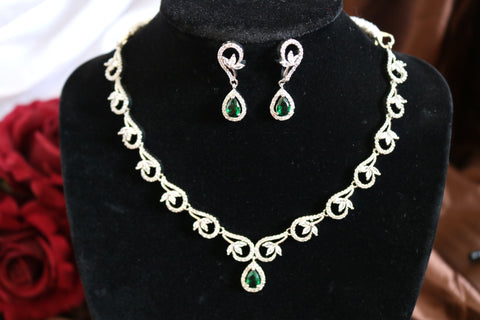 Shramya Green Silver CZ Necklace | American Diamond Necklace Set