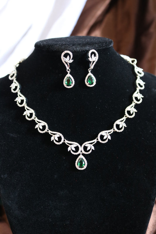 Shramya Green Silver CZ Necklace | American Diamond Necklace Set