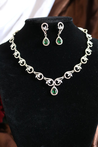 Shramya Green Silver CZ Necklace | American Diamond Necklace Set