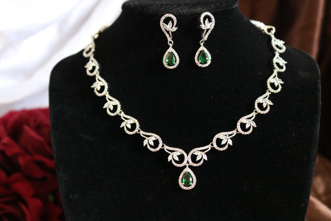 Shramya Green Silver CZ Necklace | American Diamond Necklace Set