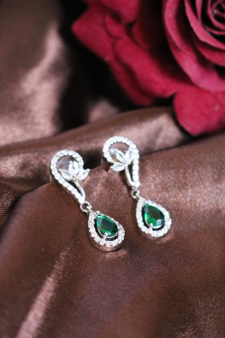 Shramya Green Silver CZ Necklace | American Diamond Necklace Set