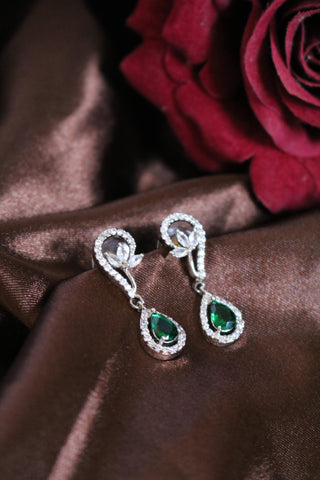 Shramya Green Silver CZ Necklace | American Diamond Necklace Set