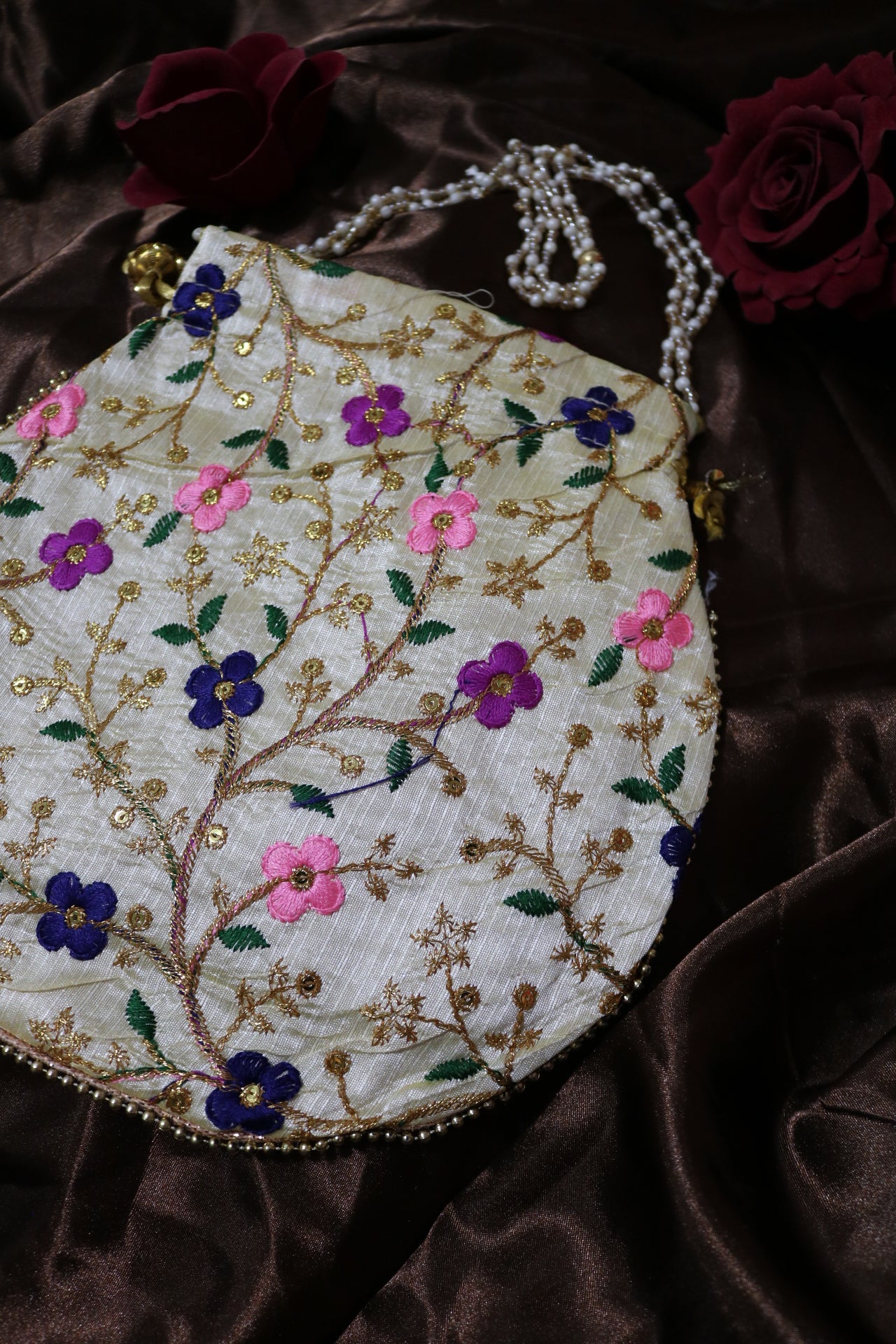 Handmade Flower Embroidered Potli Bag