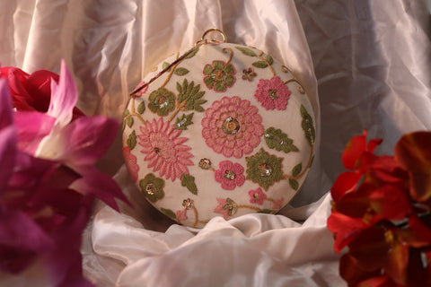 Shramya Elegant Hand Embroidery Flower White Round Clutch Purses