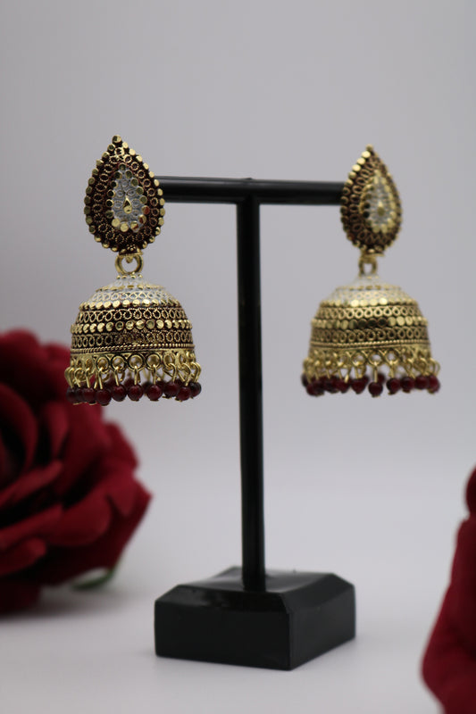 Shramya Gold-plated White/Maroon Pearl Traditional Earring