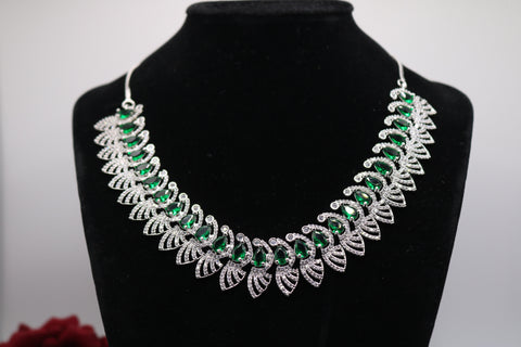 Shramya Green Designer Silver CZ Necklace | American Diamond Necklace Set