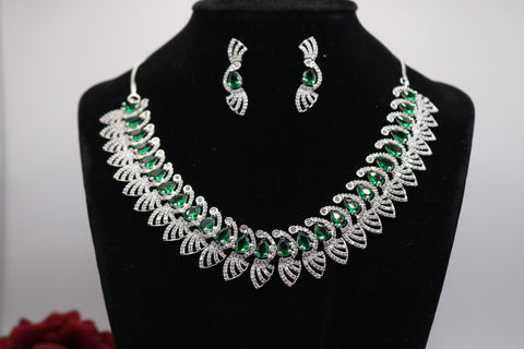 Shramya Green Designer Silver CZ Necklace | American Diamond Necklace Set