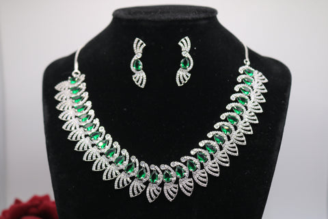 Shramya Green Designer Silver CZ Necklace | American Diamond Necklace Set