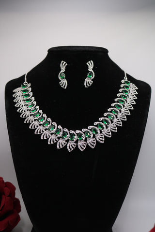 Shramya Green Designer Silver CZ Necklace | American Diamond Necklace Set