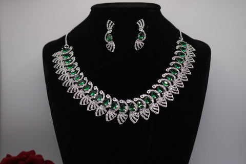 Shramya Green Designer Silver CZ Necklace | American Diamond Necklace Set