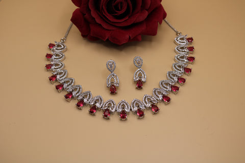 Shramya Red Designer Silver CZ Necklace | American Diamond Necklace Set