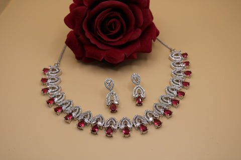 Shramya Red Designer Silver CZ Necklace | American Diamond Necklace Set