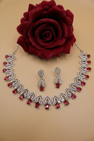 Shramya Red Designer Silver CZ Necklace | American Diamond Necklace Set