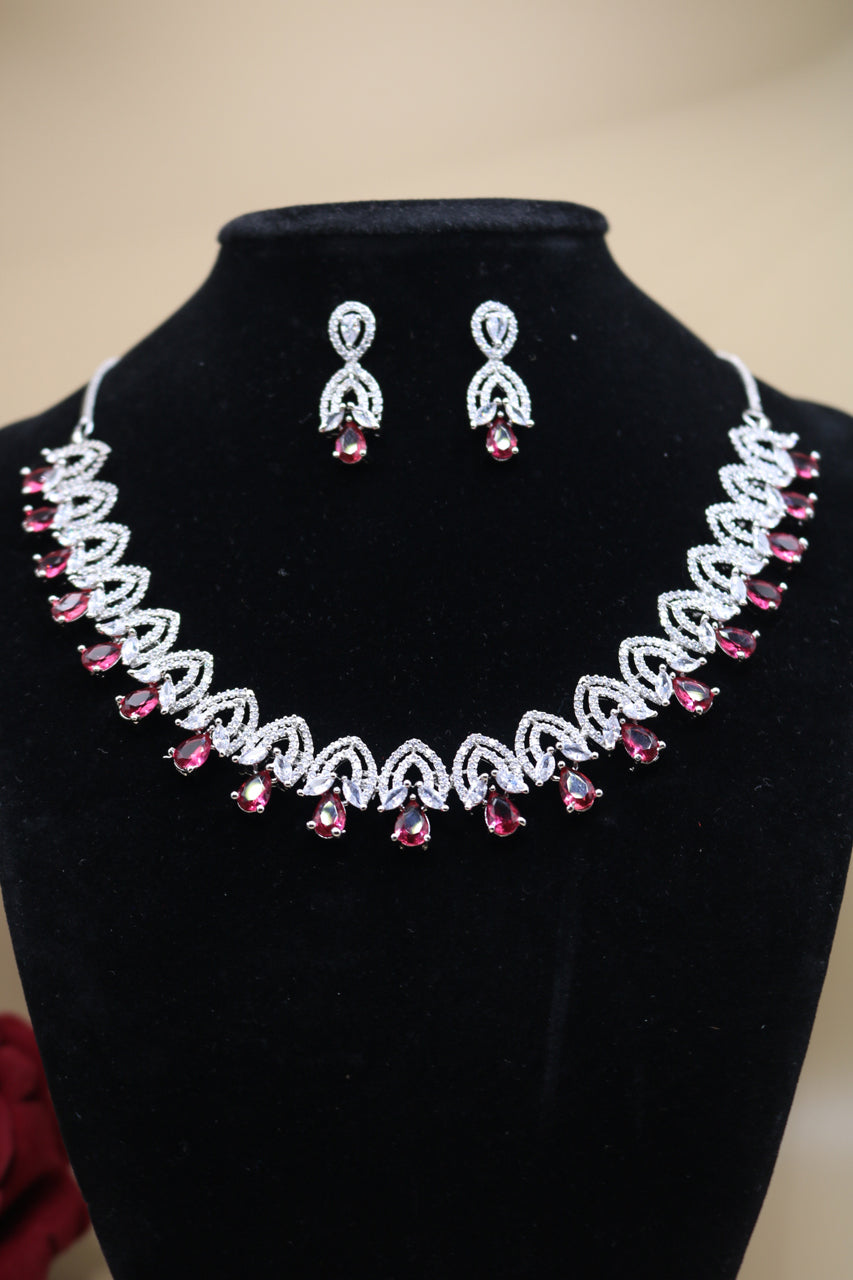 Shramya Red Designer Silver CZ Necklace | American Diamond Necklace Set