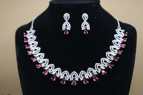 Shramya Red Designer Silver CZ Necklace | American Diamond Necklace Set