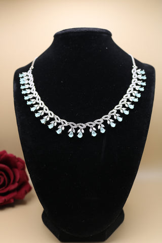 Shramya Light Mint Green Designer Silver CZ Necklace | American Diamond Necklace Set