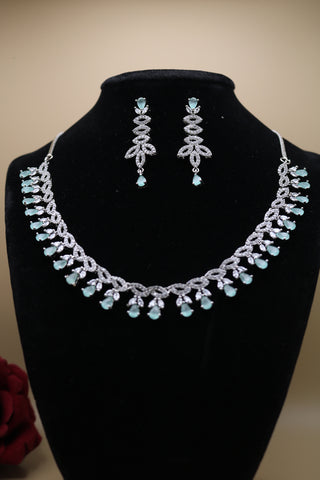 Shramya Light Mint Green Designer Silver CZ Necklace | American Diamond Necklace Set