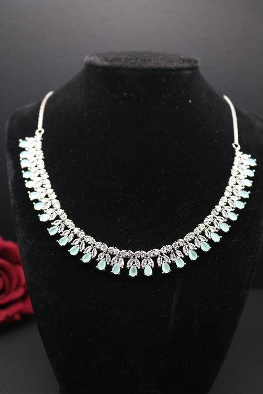 Shramya Light Mint Green Designer CZ Necklace | American Diamond Necklace Set