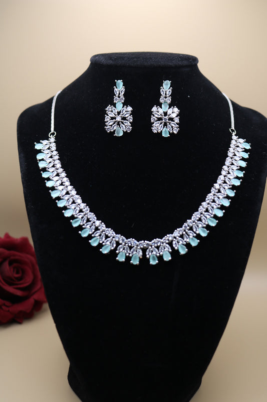 Shramya Light Mint Green Designer Silver CZ Necklace | American Diamond Necklace Set