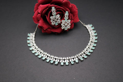 Shramya Light Mint Green Designer Silver CZ Necklace | American Diamond Necklace Set