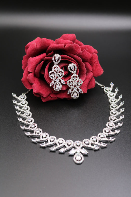 Shramya Designer Silver CZ Necklace | American Diamond Necklace Set