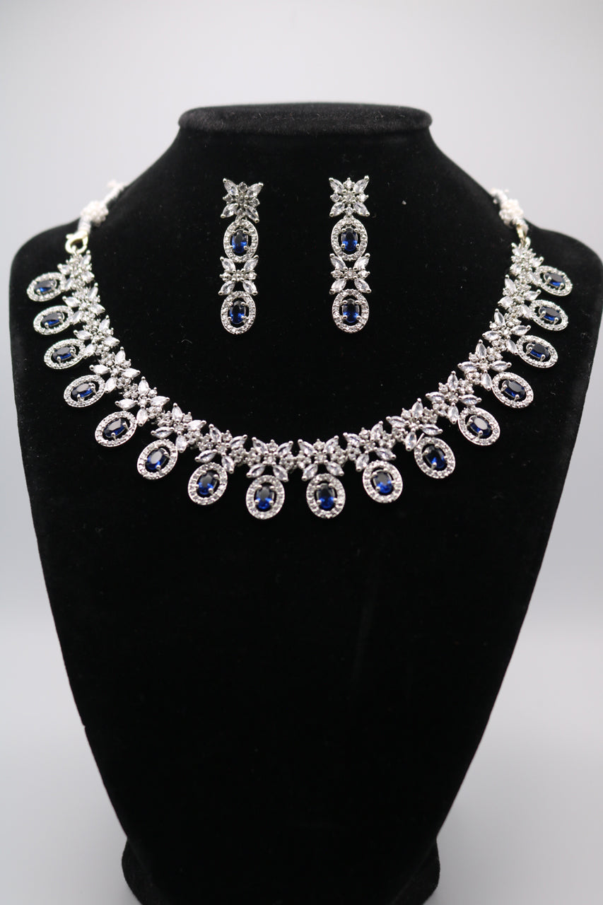 Shramya Blue Designer Silver CZ Necklace | American Diamond Necklace Set