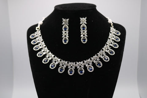 Shramya Blue Designer Silver CZ Necklace Set - American Diamond Jewelry