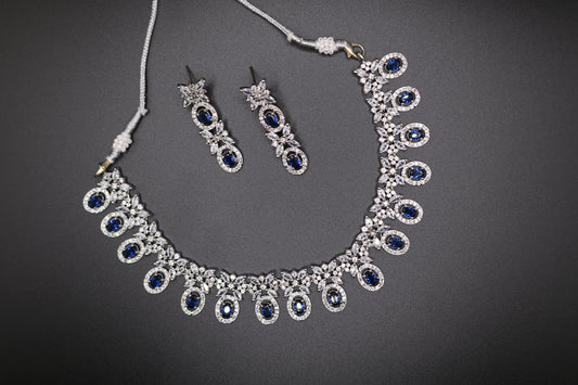 Shramya Blue Designer Silver CZ Necklace | American Diamond Necklace Set