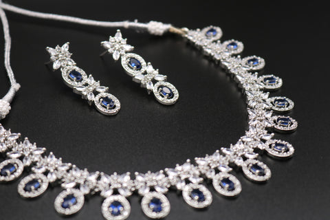 Shramya Blue Designer Silver CZ Necklace Set - American Diamond Jewelry