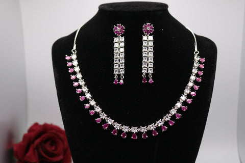 Shramya Dark Pink Designer Silver CZ Necklace | American Diamond Necklace Set