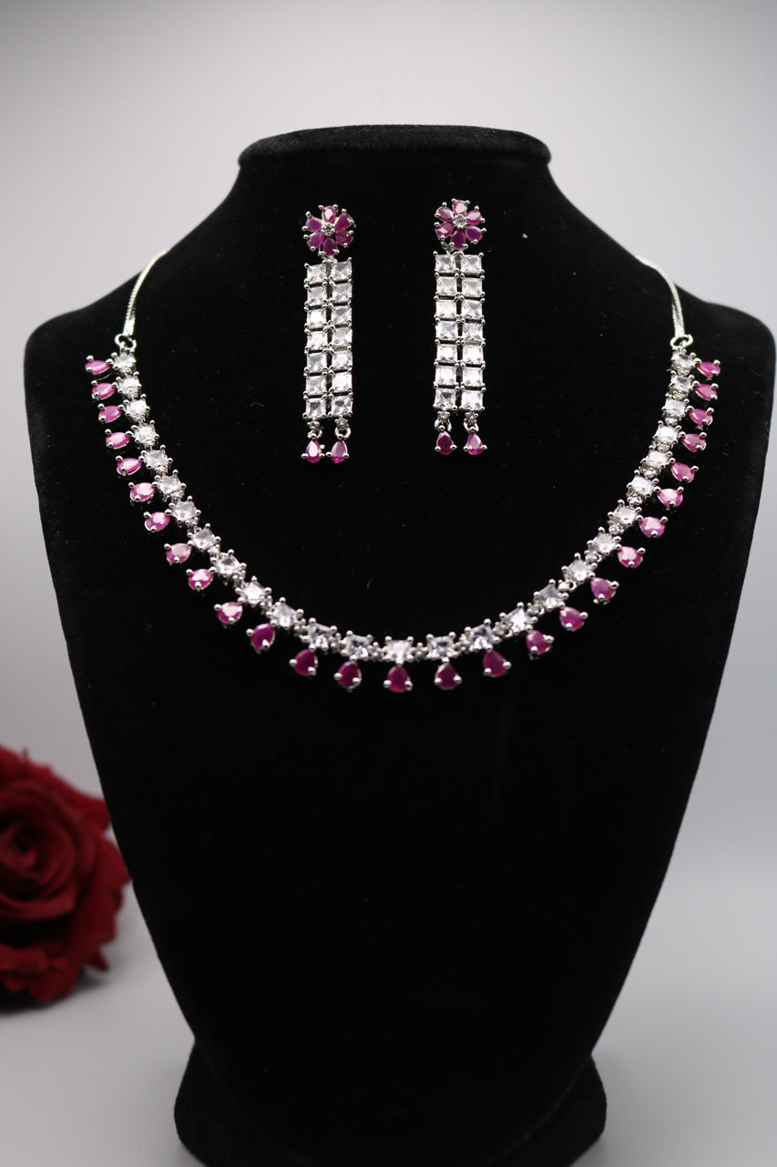 Shramya Dark Pink Designer Silver CZ Necklace | American Diamond Necklace Set