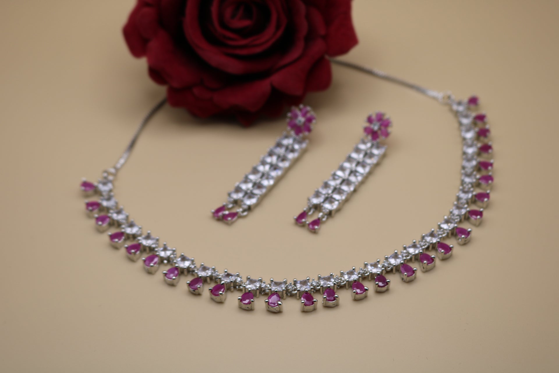 Shramya Dark Pink Designer Silver CZ Necklace | American Diamond Necklace Set