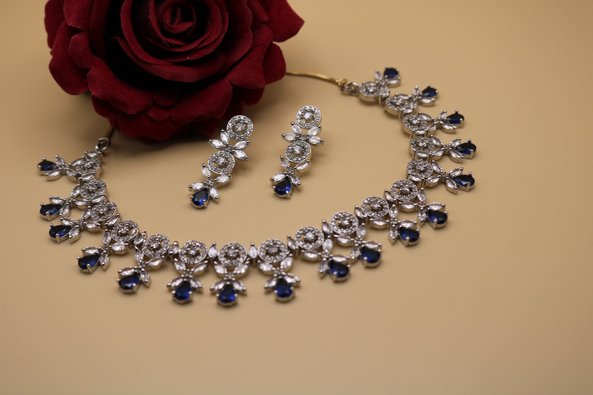 Shramya Blue Designer CZ Necklace | American Diamond Necklace Set