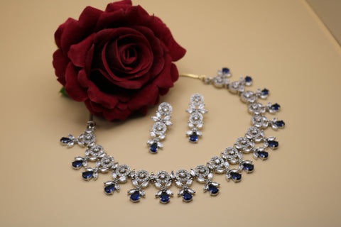 Shramya Blue Designer CZ Necklace | American Diamond Necklace Set