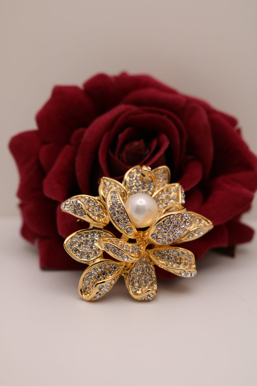 Shramya Gold-plated Lotus Shaped Brooch Pin with Pearl and Rhinestone