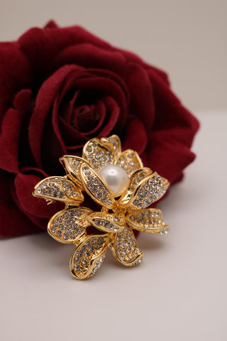 Shramya Gold-plated Lotus Shaped Brooch Pin with Pearl and Rhinestone