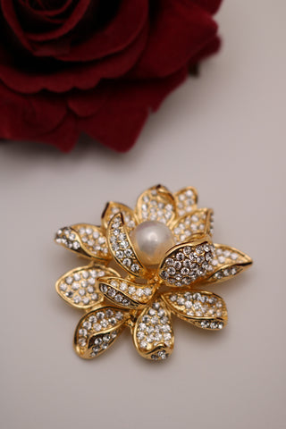 Shramya Gold-plated Lotus Shaped Brooch Pin with Pearl and Rhinestone