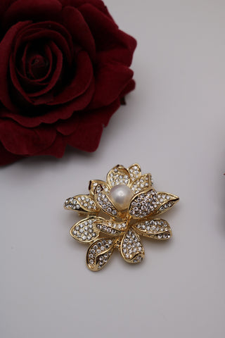 Shramya Gold-plated Lotus Shaped Brooch Pin with Pearl and Rhinestone