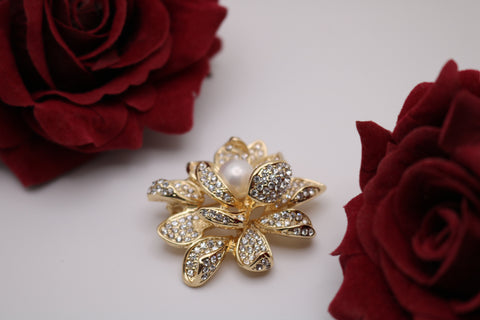 Shramya Gold-plated Lotus Shaped Brooch Pin with Pearl and Rhinestone