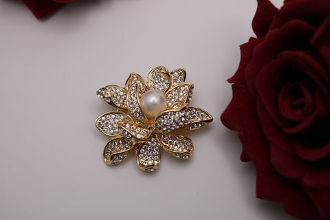 Shramya Gold-plated Lotus Shaped Brooch Pin with Pearl and Rhinestone