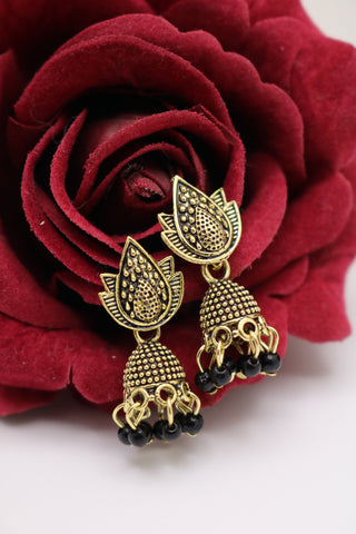 Shramya Gold-plated Lotus Design Studded Black Earring