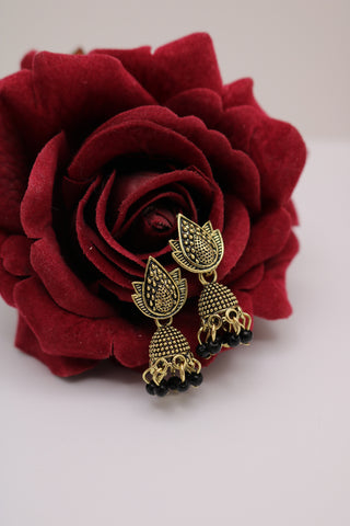 Shramya Gold-plated Lotus Design Studded Black Earring