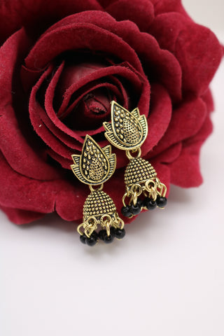 Shramya Gold-plated Lotus Design Studded Black Earring