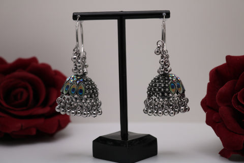 Shramya German Silver Hoop Jhumka Earring with Peacock Feather