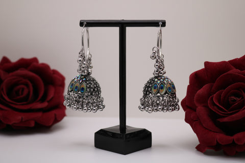 Shramya German Silver Hoop Jhumka Earring with Peacock Feather