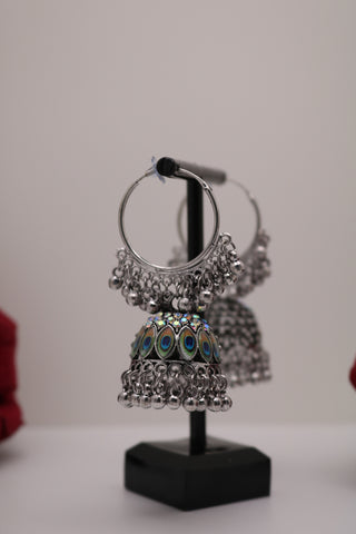 Shramya German Silver Hoop Jhumka Earring with Peacock Feather