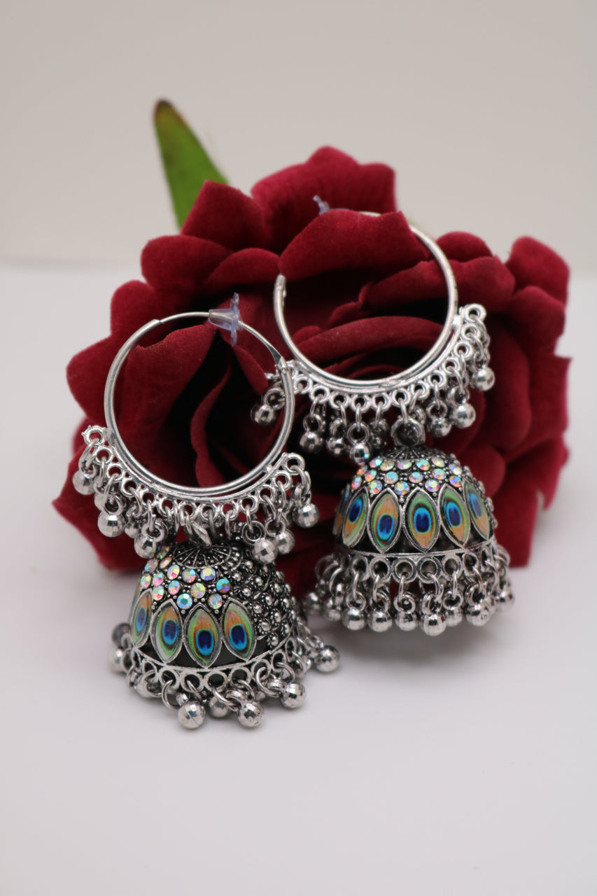 Shramya German Silver Hoop Jhumka Earring with Peacock Feather